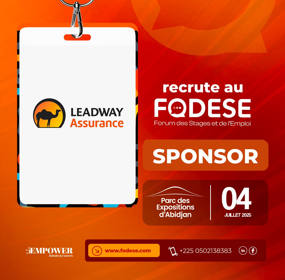 LeadwayCI's tweet photo. Envie d’un job qui bouge ?
Viens te former le 4 juillet 2025 avec Leadway Assurance au Forum des Stages et de l’Emploi au Parc des Expositions !

🔗 Inscris‑toi vite 
https://t.co/0Tt7b3jsVX https://t.co/lVNkzk5NfT