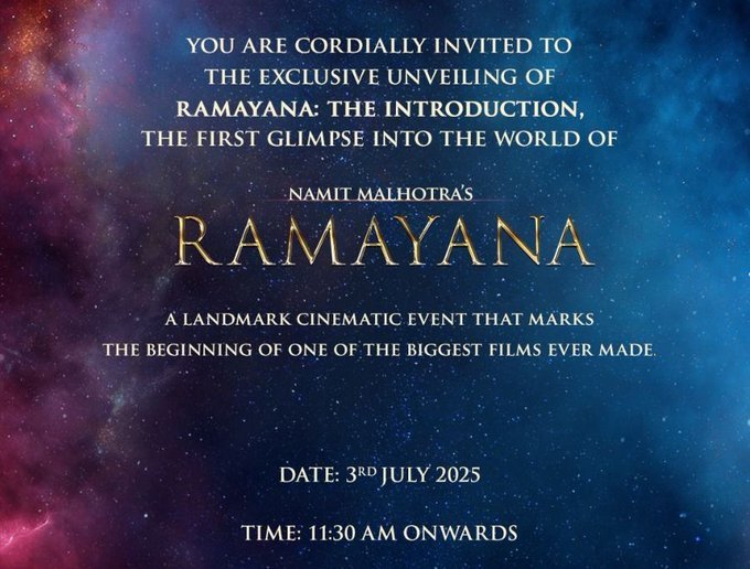 techind34820937's tweet photo. Most awaited film #Ramayana 🔥
First glimpse of Ranbir Kapoor as Lord Ram to be revealed on 3rd July! 🏹✨
Get ready for the epic to begin!
#RanbirKapoor #RamayanaFirstLook #RamayanaTheIntroduction https://t.co/cYmSDwNCg6