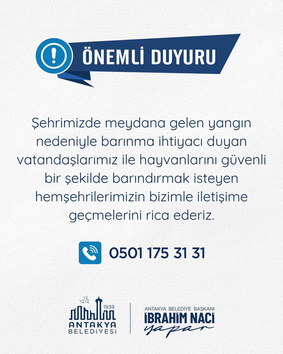 Şehrimizde meydana gelen yangın nedeniyle barınma ihtiyacı duyan vatandaşlarımız ile hayvanlarını güvenli bir şekilde barındırmak isteyen hemşehrilerimizin bizimle iletişime geçmelerini rica ederiz.
📞 0501 175 31 31
Birlik ve dayanışmayla bu zor günlerin de üstesinden geleceğiz.