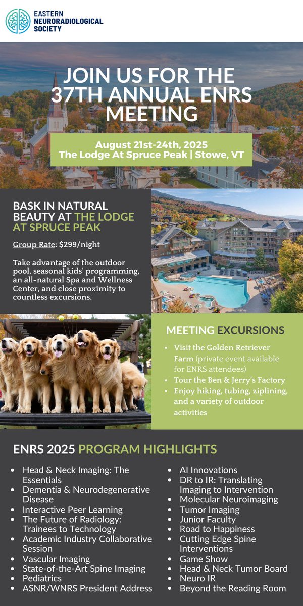 If you consider yourself to be a(n):

☑️#NeuroRad nerd
☑️ Whiskey enthusiast
☑️ Dog lover
☑️ Ice cream addict
☑️ Outdoorsy person

...this meeting is for you! Join us in Stowe, VT for #ENRS2025 🍁

Details: enrs.org/enrs-2025