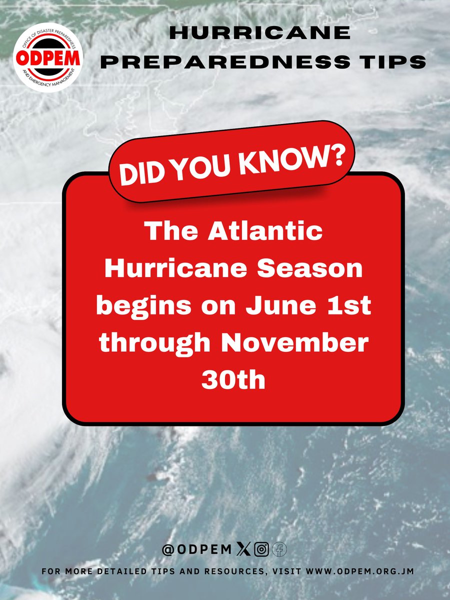 odpem's tweet image. Jamaica, it’s that time of year again – hurricane season is here! 🚨

Let’s take this opportunity to prepare ourselves. Gather your supplies, create a solid plan, and stay ready to ensure the safety of you and your loved ones.

#HurricaneSeason #disasterprep #Jamaicaready