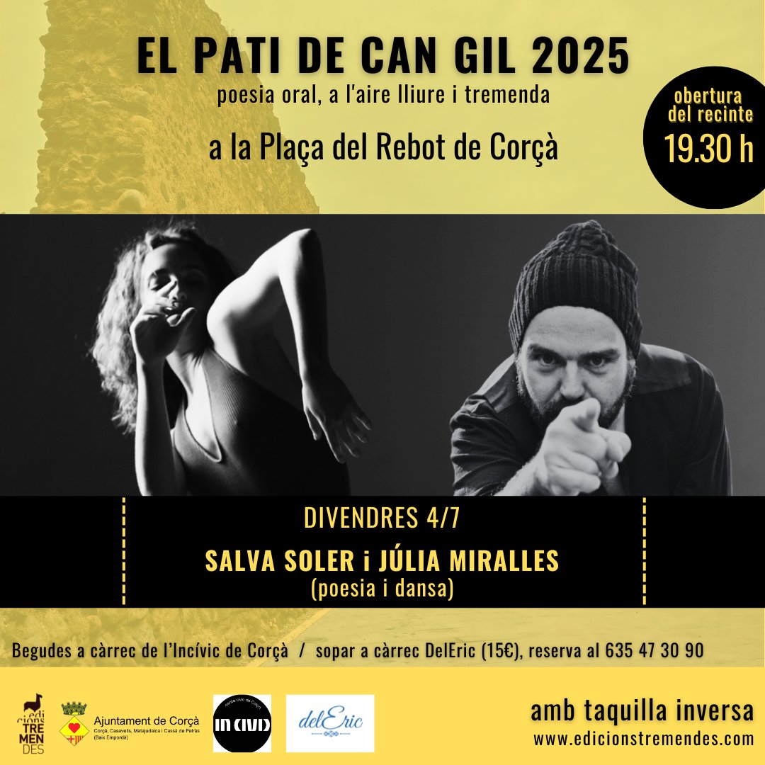 Edicions Tremendes (@ed_tremendes) on Twitter photo 2a sessió de El Pati de Can Gil amb Salva Soler i Júlia Miralles.
📅 4 de juliol • 19.30h
📌 Plaça del Rebot de Corçà
🎟️ entrada gratuïta amb taquilla inversa
<a href="/ajuntamentcorca/">Ajuntament de Corçà</a> #somtremendes #salvasoler #poesia #elpatidecangil #poetryslam #corçà #empordà 2a sessió de El Pati de Can Gil amb Salva Soler i Júlia Miralles.
📅 4 de juliol • 19.30h
📌 Plaça del Rebot de Corçà
🎟️ entrada gratuïta amb taquilla inversa
<a href="/ajuntamentcorca/">Ajuntament de Corçà</a> #somtremendes #salvasoler #poesia #elpatidecangil #poetryslam #corçà #empordà