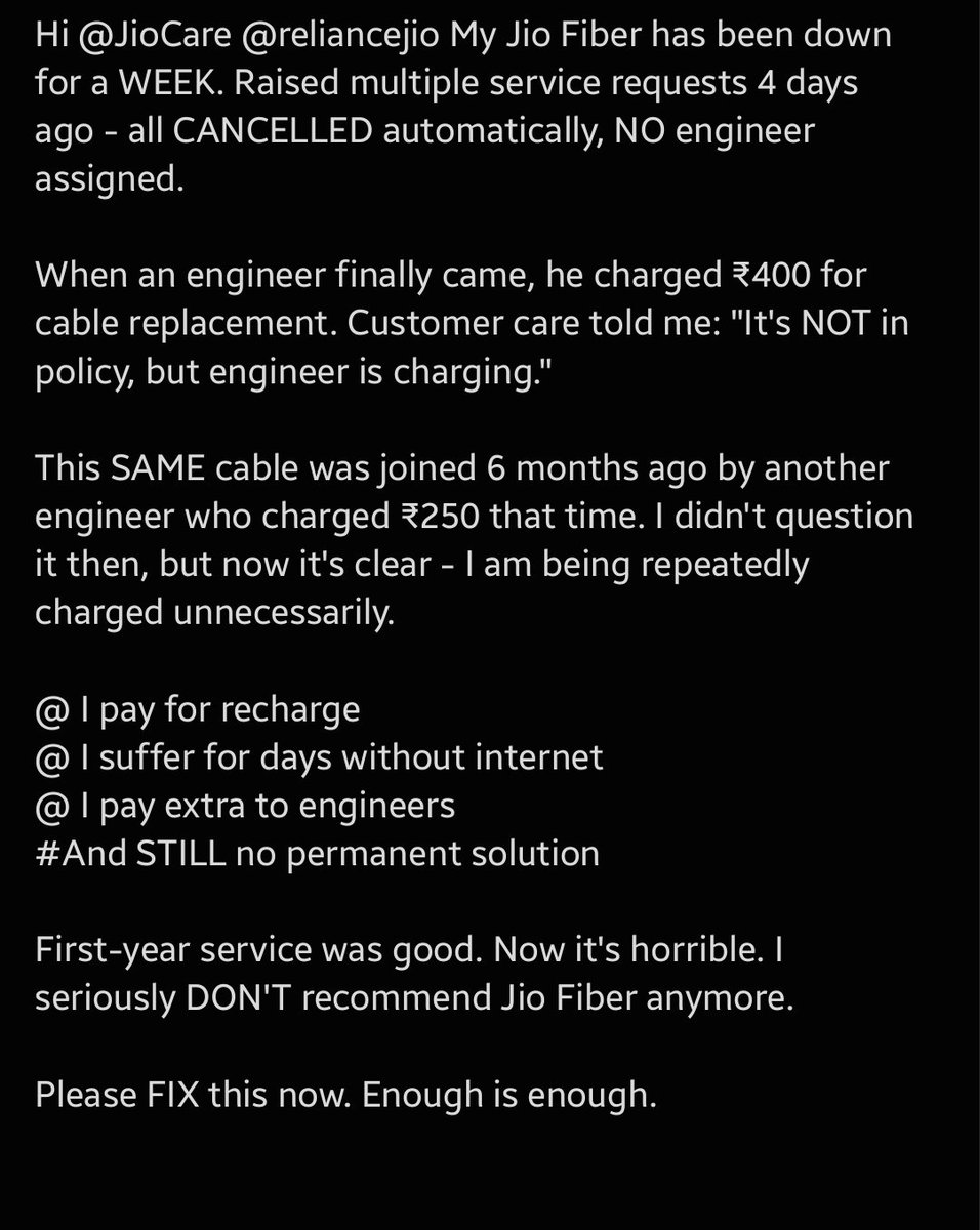 techybits_'s tweet image. Hi @JioCare @reliancejio My Jio Fiber has been down for a WEEK. Raised multiple service requests 4 days ago - all CANCELLED automatically, NO engineer assigned.
Here is everything...
@_MukeshAmbani , @reliancejio , @VenomsTech , @TrakinTech , @AmreliaRuhez
