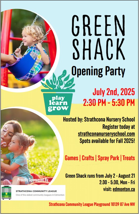 Green Shack starts Wednesday!

Green Shack Opening Party, hosted by Strathcona Nursery School
July 2 - 2:30pm-5:30pm
Games | Crafts | Spray Park | Treats
strathconacommunity.ca/summer-green-s…
To Register at SNS - strathconanurseryschool.com