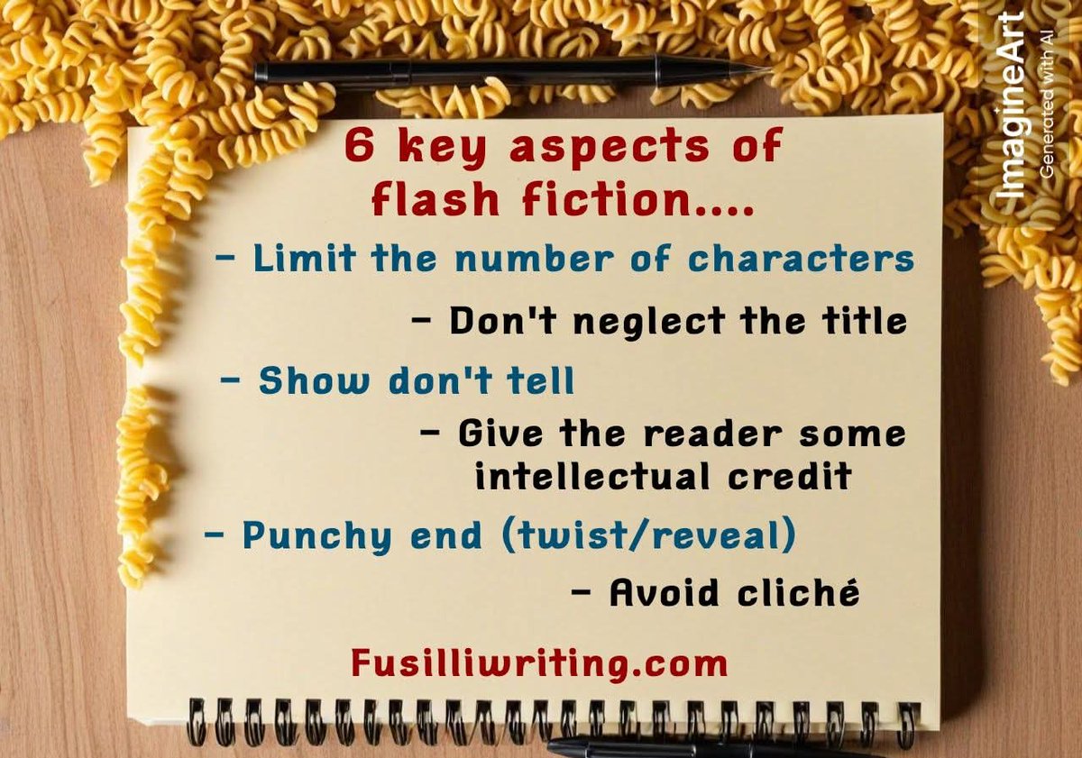 FusilliW's tweet image. fusilliwriting.com
See our website for our flash fiction competition and free resources. Our 6 key aspects of flash fiction are below......what are yours?
#flashfiction #writingresources #microfiction #writingcommunity #creativewriting #WritingCommmunity