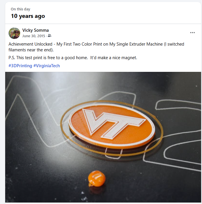 Facebook reminded me that 10 years ago, I did my first two color print with filament swaps! So much easier nowadays! :)  #3DPrinting