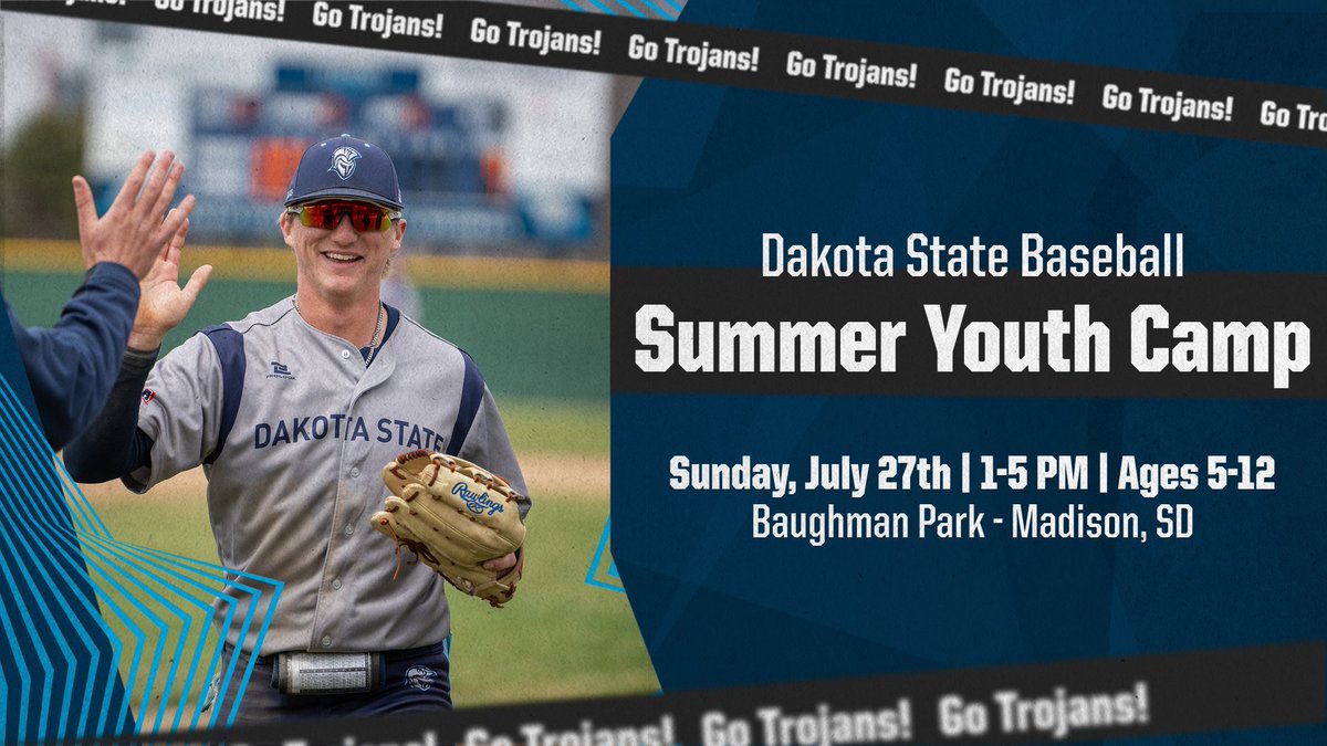 🚨<a href="/DSU_Baseball_/">Dakota State University Baseball</a> Summer Youth Camp🚨

🗓️ Sunday, July 27th
⏰ 1-5 PM
📍 Baughman Park - Madison, SD
👤 Ages 5-12
👕 Camp T-Shirt Included
✅ A great opportunity to have fun, learn and interact with DSU coaches and players.

Register here 👉🏻 application.signedupsports.com/Registration/I…