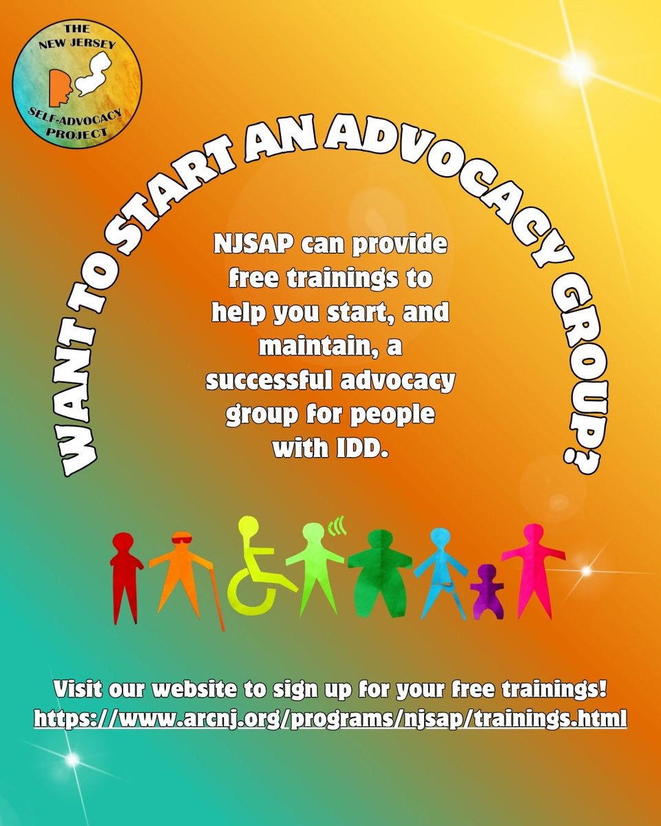 NJSAP is offering free Advisor trainings and free trainings on starting a Self-Advocacy Group! Visit our website to sign up: arcnj.org/programs/njsap…