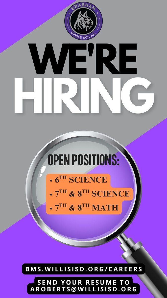 Brabham Middle School (@wisdbrabham) on Twitter photo ๐จ Brabham Middle School is hiring!
Join the #BobKatFamily & make a difference!
๐ Openings:
๐ฌ Science 6th
๐งช Science 7th/8th
โ Math 7th/8th
Apply now ๐ bms.willisisd.org/careers
#WeAreWillisISD #NowHiring #JoinOurTeam
<a href="/WillisSchools/">Willis ISD</a> ๐จ Brabham Middle School is hiring!
Join the #BobKatFamily & make a difference!
๐ Openings:
๐ฌ Science 6th
๐งช Science 7th/8th
โ Math 7th/8th
Apply now ๐ bms.willisisd.org/careers
#WeAreWillisISD #NowHiring #JoinOurTeam
<a href="/WillisSchools/">Willis ISD</a>