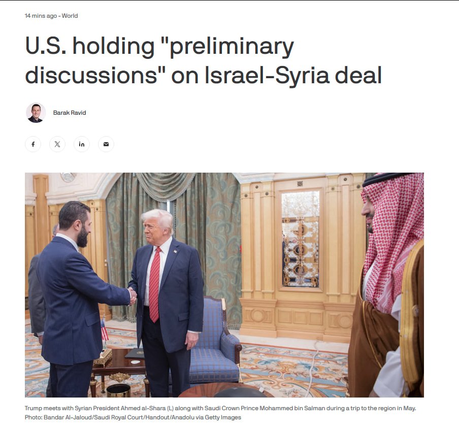 NEW: The Trump administration is holding "preliminary discussions" with Israel and Syria on a potential security agreement between the two states, according to Axios.

Israel is pushing for assurances that any talks will ultimately lead to a full peace agreement and