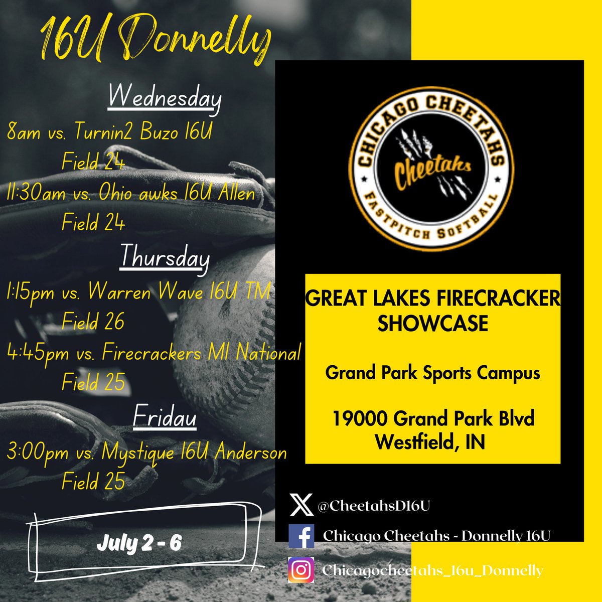 ChicagoCheetahsDonnelly (@cheetahsd16u) on Twitter photo Heading to Indiana for the Great Lakes Firecracker Showcase! <a href="/ChicagoCheetahs/">Chicago Cheetahs</a> <a href="/CoastRecruits/">Coast 2 Coast Recruits</a> <a href="/d1fastpitch1/">D1 Fastpitch</a> Heading to Indiana for the Great Lakes Firecracker Showcase! <a href="/ChicagoCheetahs/">Chicago Cheetahs</a> <a href="/CoastRecruits/">Coast 2 Coast Recruits</a> <a href="/d1fastpitch1/">D1 Fastpitch</a>