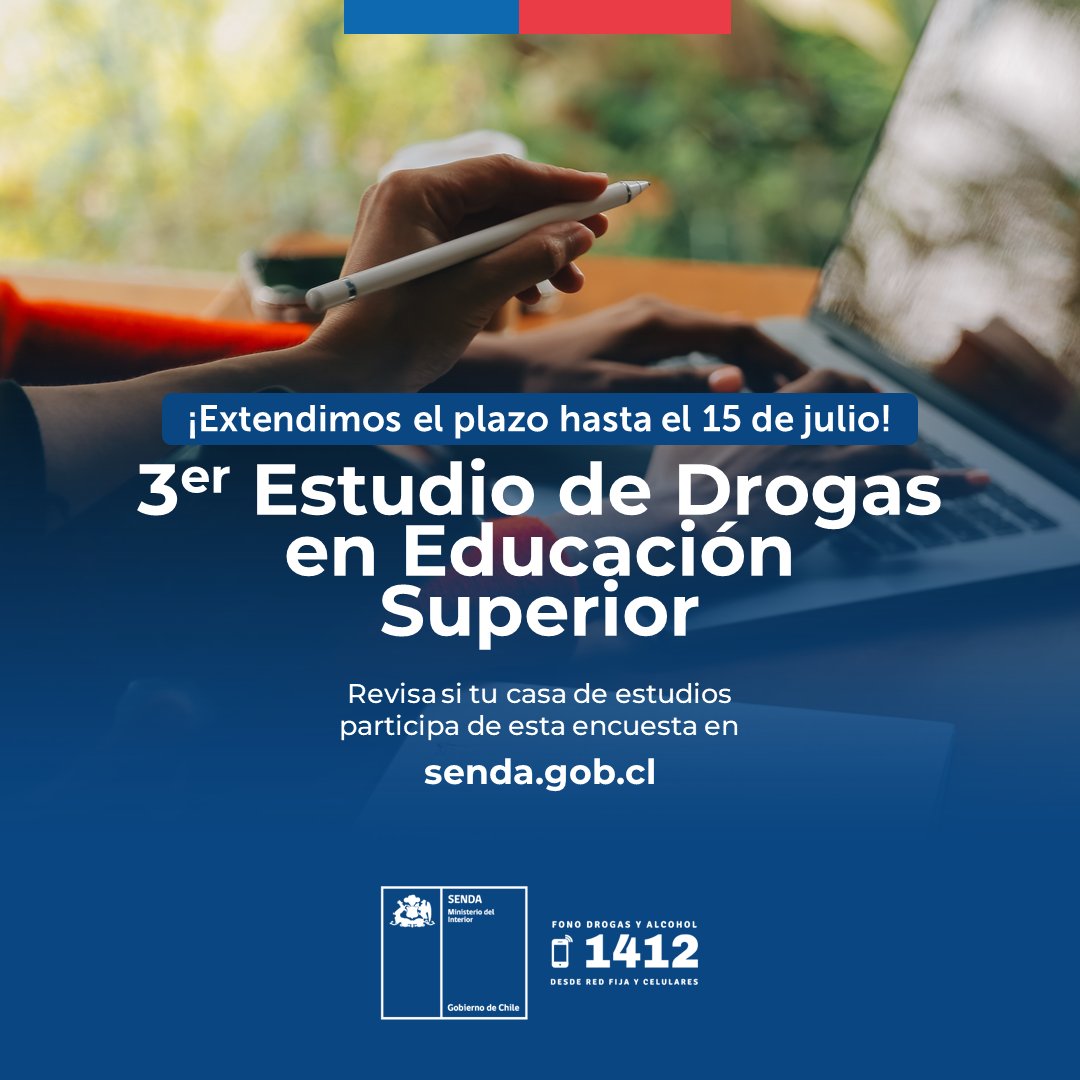 ¡Participa en nuestro 3er Estudio de Drogas en Educación Superior!
Entérate si tu casa de estudios forma parte de esta encuesta aquí: 
senda.gob.cl/noticia/senda-…