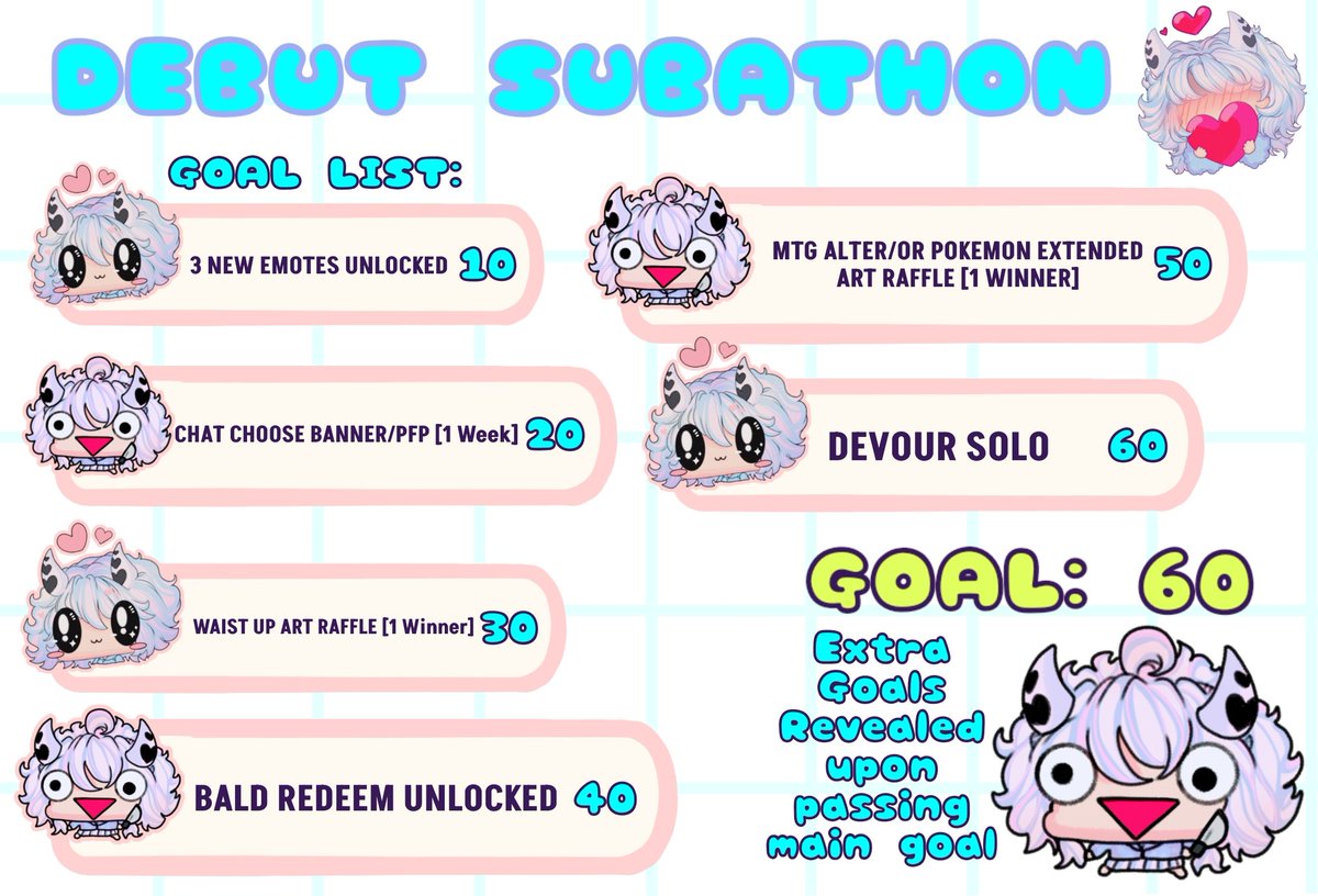 🩷🩵💚 DEBUT ▪︎ SUBATHON 💚🩵🩷

🩷🩵 Helping raise funds for a graphics tablet as do all my art on my phone currently 🥺😭🩷🩵 

    🩷🩵💚 Goal list below 💚🩵🩷

See you all Saturday 🥺🩵 cant wait to meet you all 🩵🩷💚 will be doing community gartic phone 🩷 #vtuber