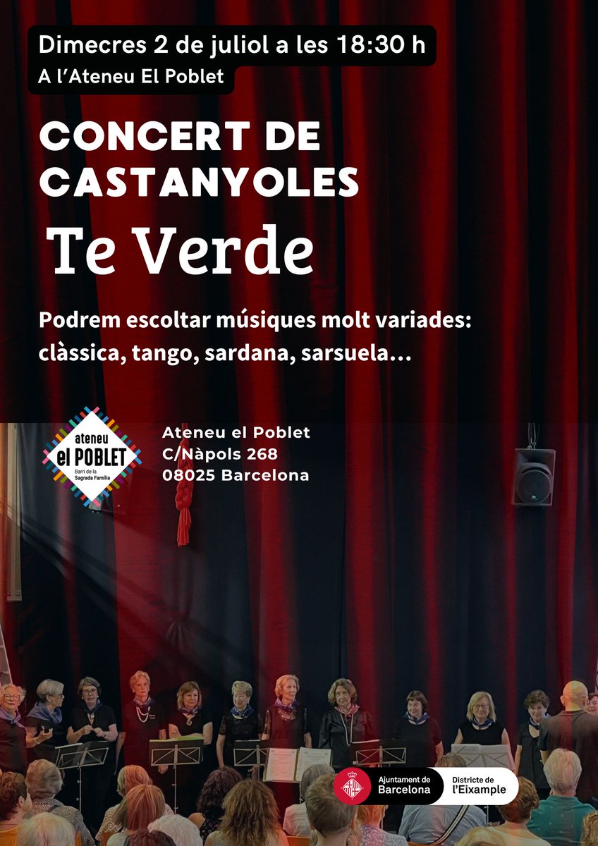 ☀️ Dimecres 2 de juliol de 2025 de 18:30 a 19:30h, CONCERT DE CASTANYOLES: TE VERDE

El grup Te Verde, ens mostrarà la seva passió per les castanyoles de concert. No us ho perdeu. Podrem escoltar músiques molt variades: clàssica, tango, sardana, sarsuela…