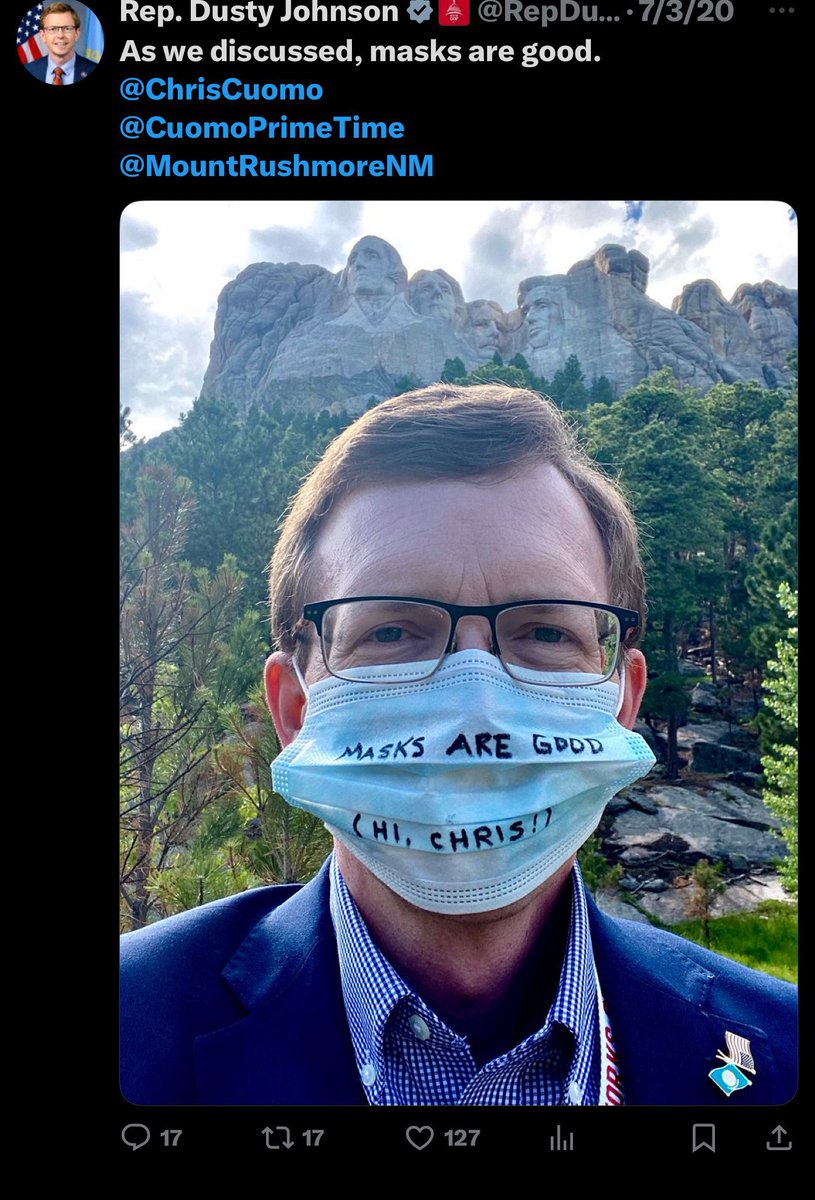 SDFreedomCaucus's tweet image. How would’ve Representative Johnson have handled Covid here in South Dakota if he were Governor?
No thank you, sir.