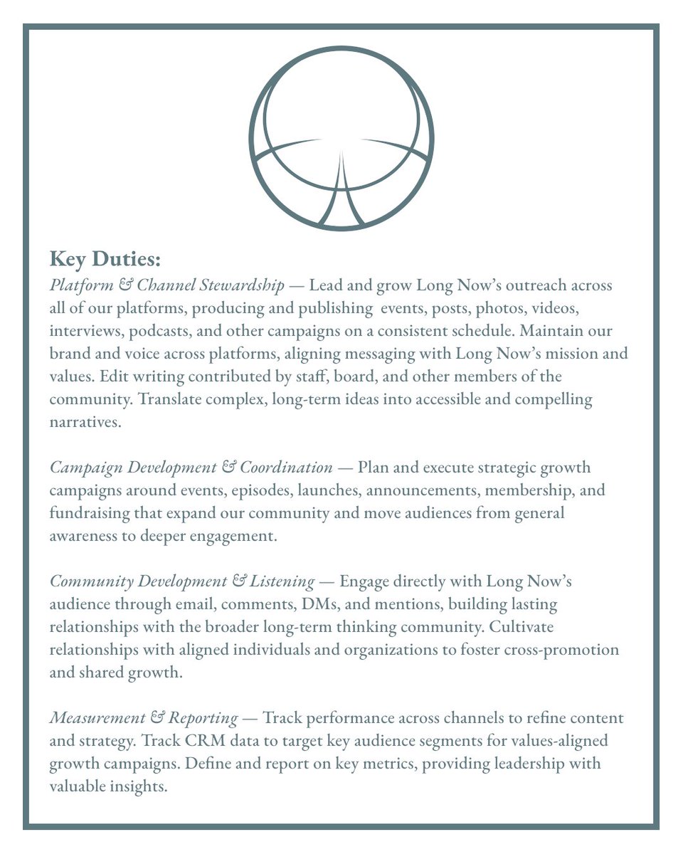 The Long Now Foundation is hiring a Communications Manager to help provide more people with deeper and more meaningful access to long-term thinking and civilizational-scale ideas.

More details below: