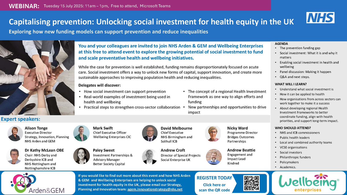 Join us 15 July, 11am-1pm for a free webinar on funding prevention at scale.

With the NHS 10-Year Plan expected soon, we’ll explore how social investment can complement public funding to drive health equity.

📆 Book now: bit.ly/4kV9eL8
#HealthEquity #Prevention #NHS