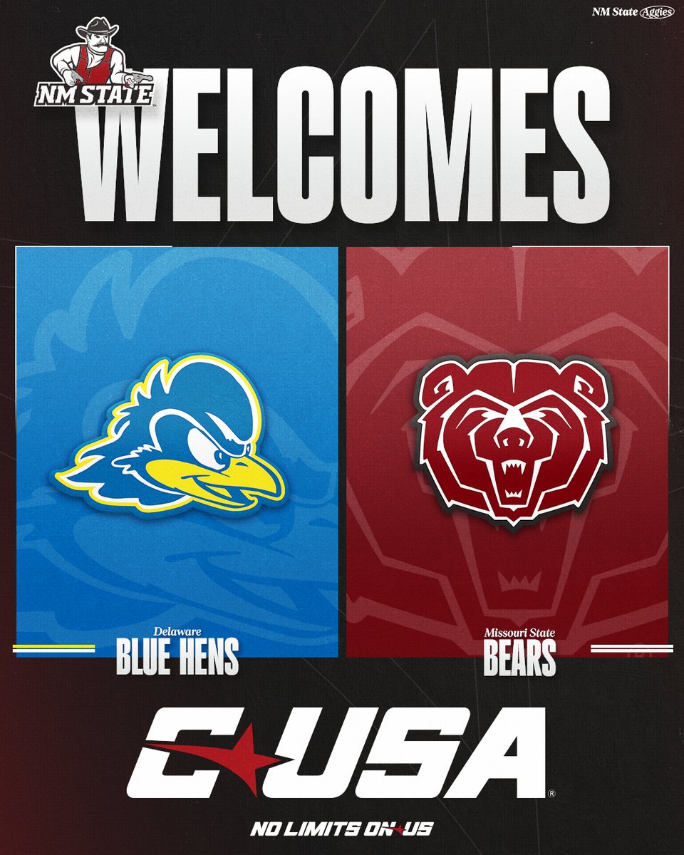 NM State Aggies (@nmstateaggies) on Twitter photo Please help us welcome the newest <a href="/ConferenceUSA/">Conference USA</a> members <a href="/MissouriStBears/">Missouri State Athletics</a> & <a href="/UDBlueHens/">Delaware Blue Hens</a>!🤝
#AggieUp | #NoLimitsOnUs Please help us welcome the newest <a href="/ConferenceUSA/">Conference USA</a> members <a href="/MissouriStBears/">Missouri State Athletics</a> & <a href="/UDBlueHens/">Delaware Blue Hens</a>!🤝
#AggieUp | #NoLimitsOnUs
