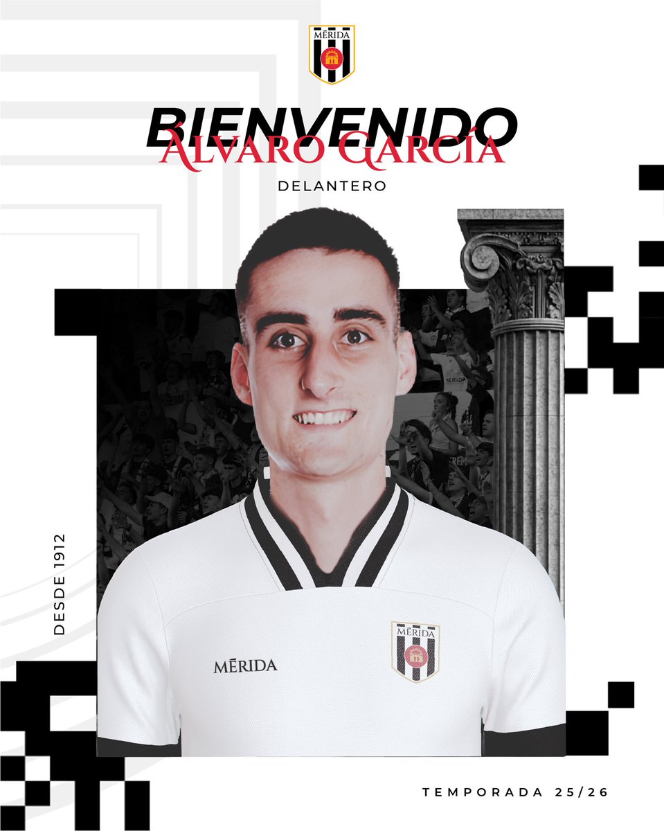 Merida_AD's tweet photo. ✅ OFICIAL | 

⚪️⚫️ El delantero Álvaro García, nuevo jugador romano

👋🏽 ¡Bienvenido a tu nueva casa @varogarci! 🎯 https://t.co/snOZX5U5m5
