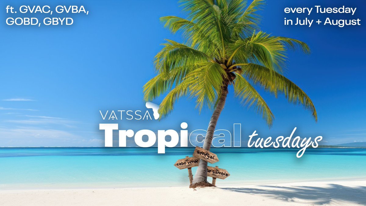 vatssacom's tweet photo. Ladies and Gentlemen...

Tropical Tuesdays is here!

Join us on July 8th for our NEW weekly event - where we staff the tropical paradises of West Africa and welcome incoming flights from all around the globe.

If you want vibes... look no further than Tropical Tuesdays!

#vatsim https://t.co/DUCK8AO0v6