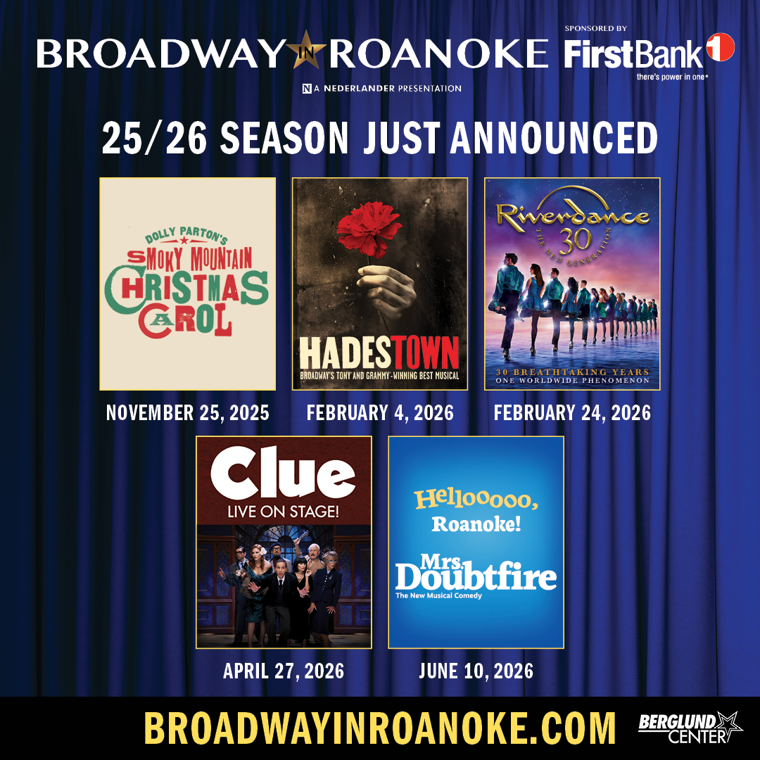 🎭✨ Roanoke’s Broadway Season, sponsored by First Bank , is coming soon — and you won’t want to miss a single show!

🎟️ Season packages are on sale now — secure your seat for all 5 incredible shows and experience Broadway magic right here in Roanoke!
bit.ly/HenritzeDental…