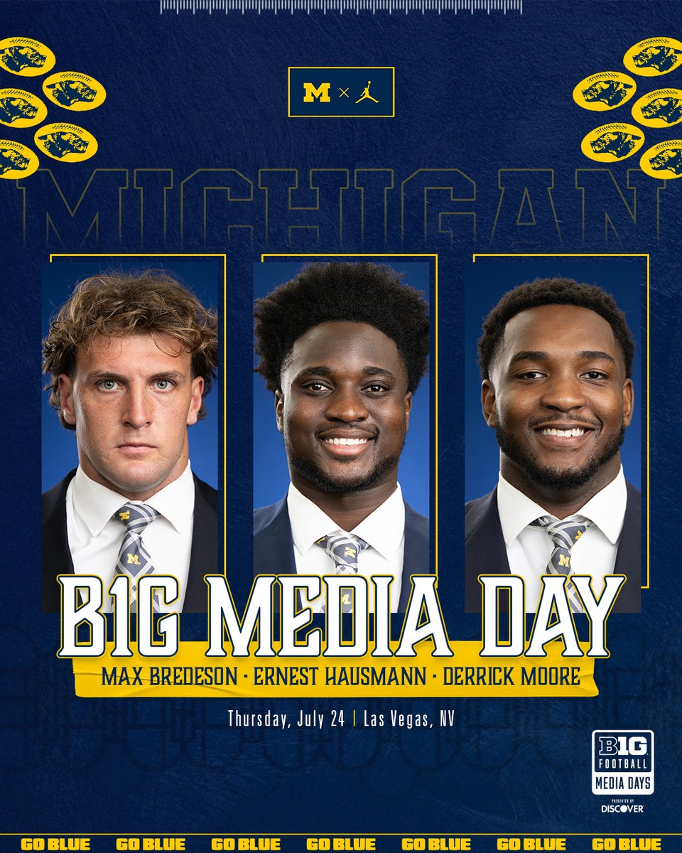 Michigan Football (@umichfootball) on Twitter photo We're excited to have <a href="/BredesonMax/">Max Bredeson</a>, <a href="/Ernest_Hausmann/">Ernest Hausmann</a>, and <a href="/Big8DMoore/">Derrick Moore🎱</a> represent us at B1G Media Days in Vegas this year!
#GoBlue We're excited to have <a href="/BredesonMax/">Max Bredeson</a>, <a href="/Ernest_Hausmann/">Ernest Hausmann</a>, and <a href="/Big8DMoore/">Derrick Moore🎱</a> represent us at B1G Media Days in Vegas this year!
#GoBlue