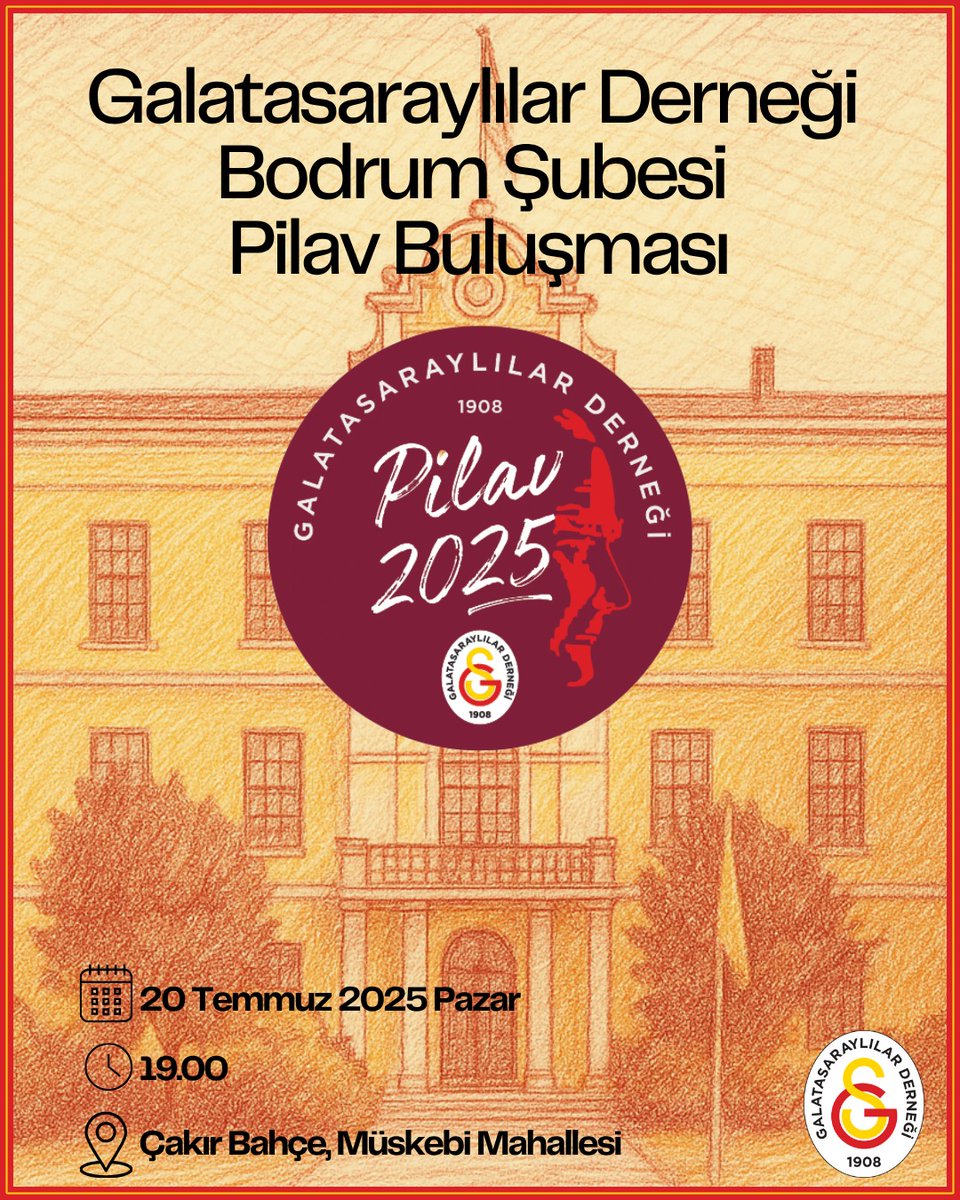 Değerli Galatasaraylılar,

Galatasaraylılar Derneği Bodrum Şubesi Pilav Buluşması bu sene 20 Temmuz 2025 tarihinde saat 19.00’da Müskevi Mahallesi Çakır Bahçe’de gerçekleşecektir.