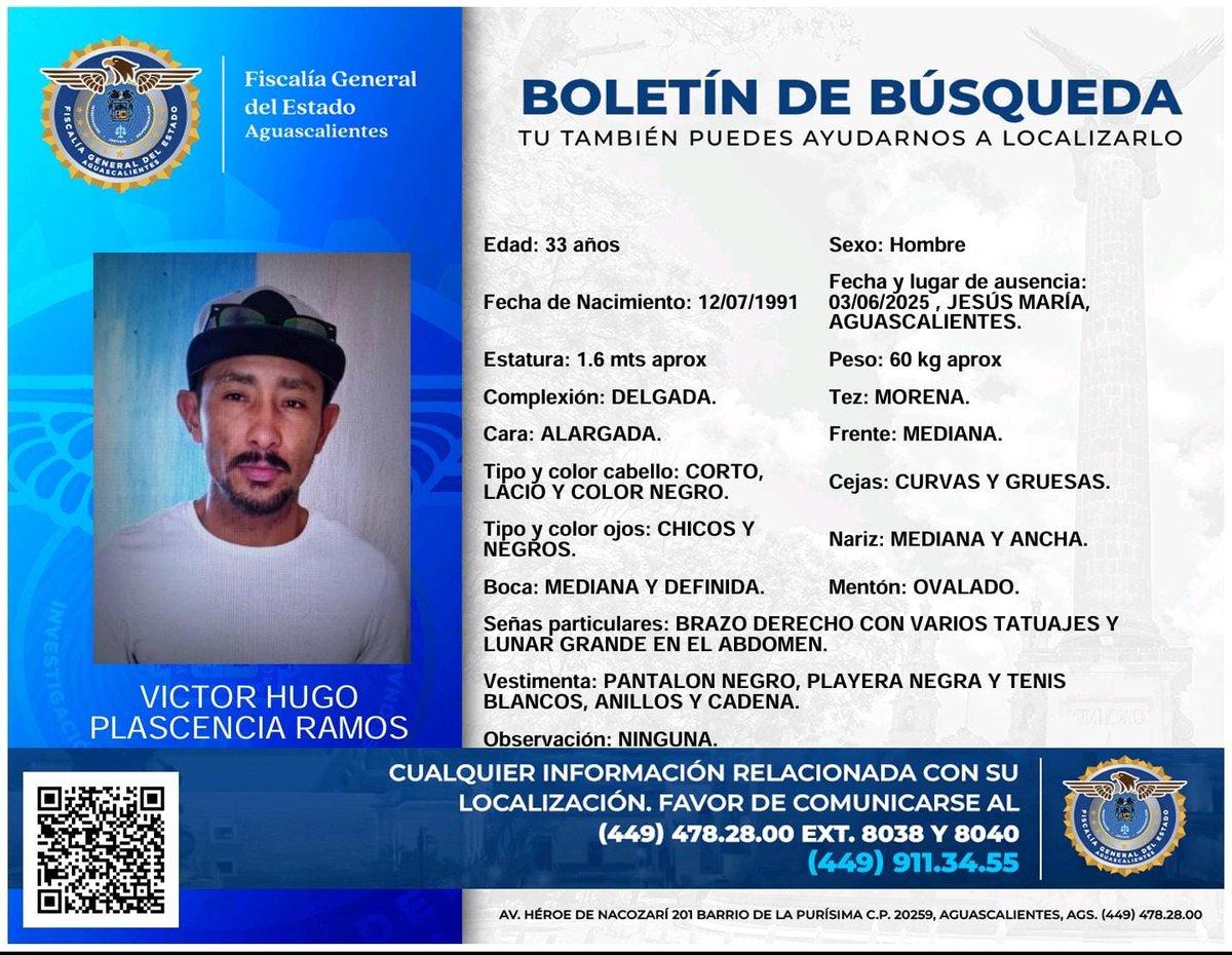 FEMDLPAGS's tweet photo. Se solicita el apoyo de la ciudadanía para dar con el paradero de VICTOR HUGO PLASCENCIA RAMOS ¡Comparte! #boletindebusqueda #Desaparecidos #PORUNAFISCALIAMASJUSTAYHUMANA #Aguascalientes https://t.co/iMFHvrK8Ay