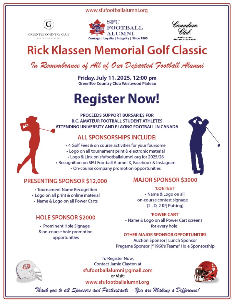 OfficialBCCFA's tweet photo. Friday, July 11 - Rick Klassen Memorial Golf Classic - Green Tree Country Club Westwood Plateau  

Proceeds support bursaries for BC football student athletes pursuing higher education and football 🏈 across Canada  

Register Here - https://t.co/J15OaTD2eG https://t.co/jmhfQhgWRO