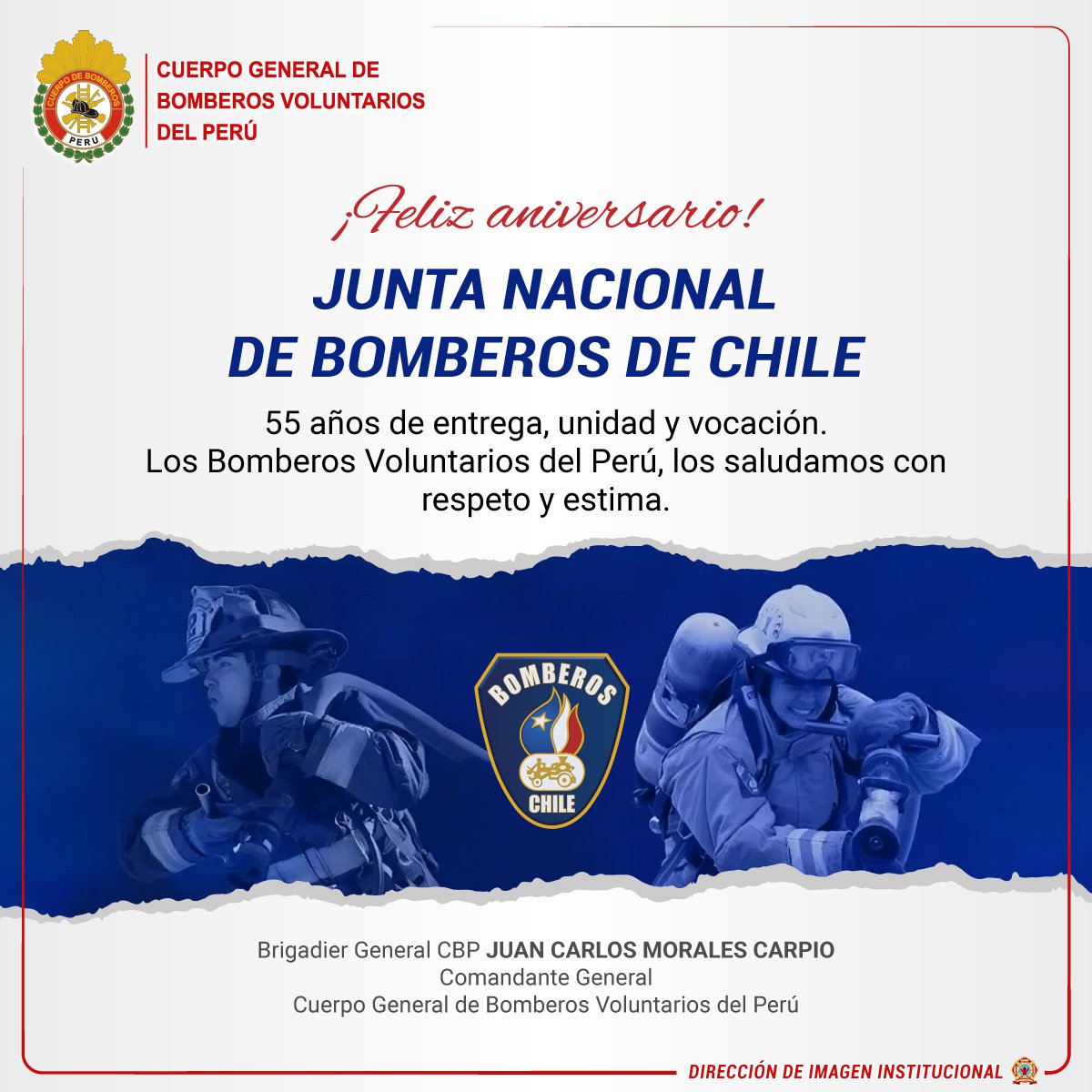 Hoy saludamos con orgullo y fraternidad a la Junta Nacional de Bomberos de Chile en su quincuagésimo quinto aniversario.

Desde el CGBVP, rendimos homenaje a esta gran institución hermana y a cada voluntario chileno que, día tras día, honra el uniforme con compromiso y vocación.