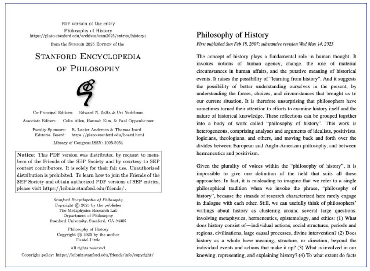 Gerardo L. Munck (@gerardomunck) on Twitter photo Philosophy of History
If you are looking for a brief but excellent introduction to the philosophy of history, this entry by philosopher of science <a href="/dlittle30/">Dan Little</a> in the Stanford Encyclopedia of Philosophy is highly recommended.
Link: plato.stanford.edu/entries/histor… Philosophy of History
If you are looking for a brief but excellent introduction to the philosophy of history, this entry by philosopher of science <a href="/dlittle30/">Dan Little</a> in the Stanford Encyclopedia of Philosophy is highly recommended.
Link: plato.stanford.edu/entries/histor…