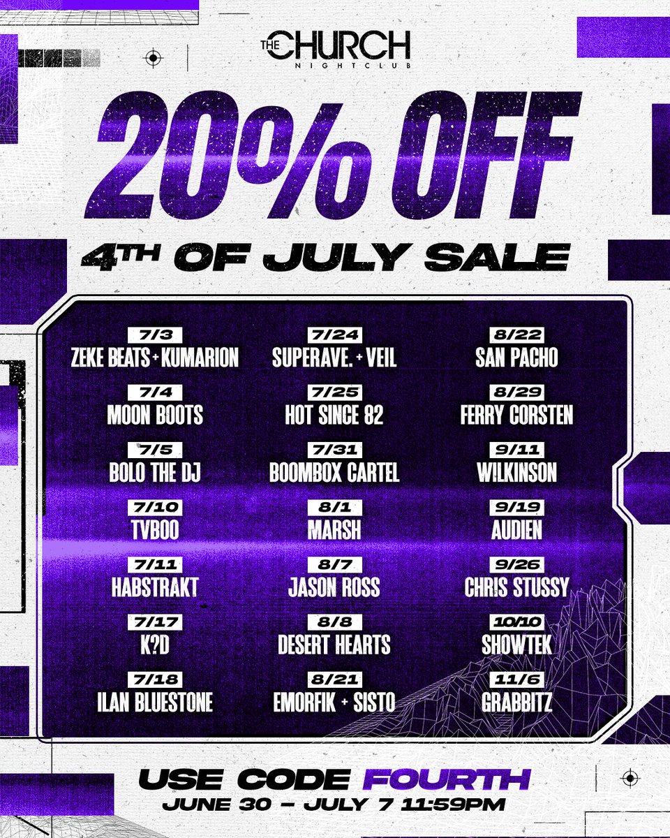 Club kid summer let’s gooo 🪩🙌 Enjoy limited 20% OFF all shows with code ‘FOURTH’ ✨

Don’t wait! Sale ends Mon 7/7 at 11:59 PM MT, buy while sale quantity lasts 👀 churchnightclubco.com