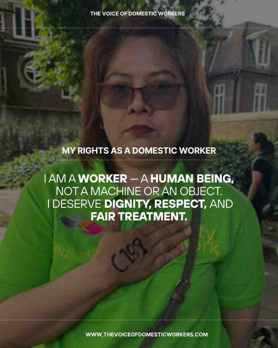 thevoiceofdws's tweet photo. I am a domestic worker. I am not a machine.
I have the right to:
💰 Fair wages
🕒 Rest &amp; breaks
🩺 Paid leave
📅 On-time pay
🛑 A safe, respectful workplace
I am not “just” a worker — I am a human being with rights. https://t.co/slMyhCfmDp