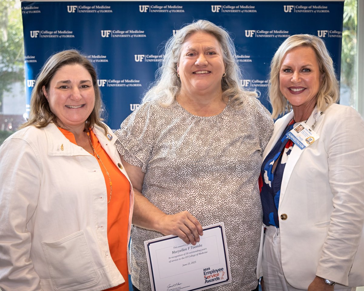 UFMedResearch's tweet image. Last week, our very own assistant director of the Clinical Research Hub, Mary Ellen Toombs, was recognized for her 30 years of service to UF! We congratulate her and those celebrated at the 2025 @UFMedicine Employee Service Awards. Read more about it at go.ufl.edu/xg7an4f.