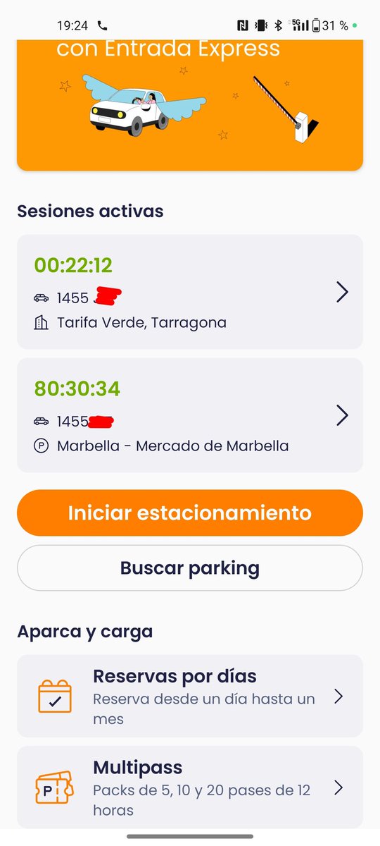 NoemiSBF's tweet photo. @Telpark_es, me aparece una sesión por entrada exprés en un pàrquing de Marbella, donde no he estado nunca. No puedo cerrar sesión. Cómo puede mi coche estar estacionado en dos sitios a la vez? No contestan al teléfono de atención al cliente https://t.co/7wwGcUzvSx