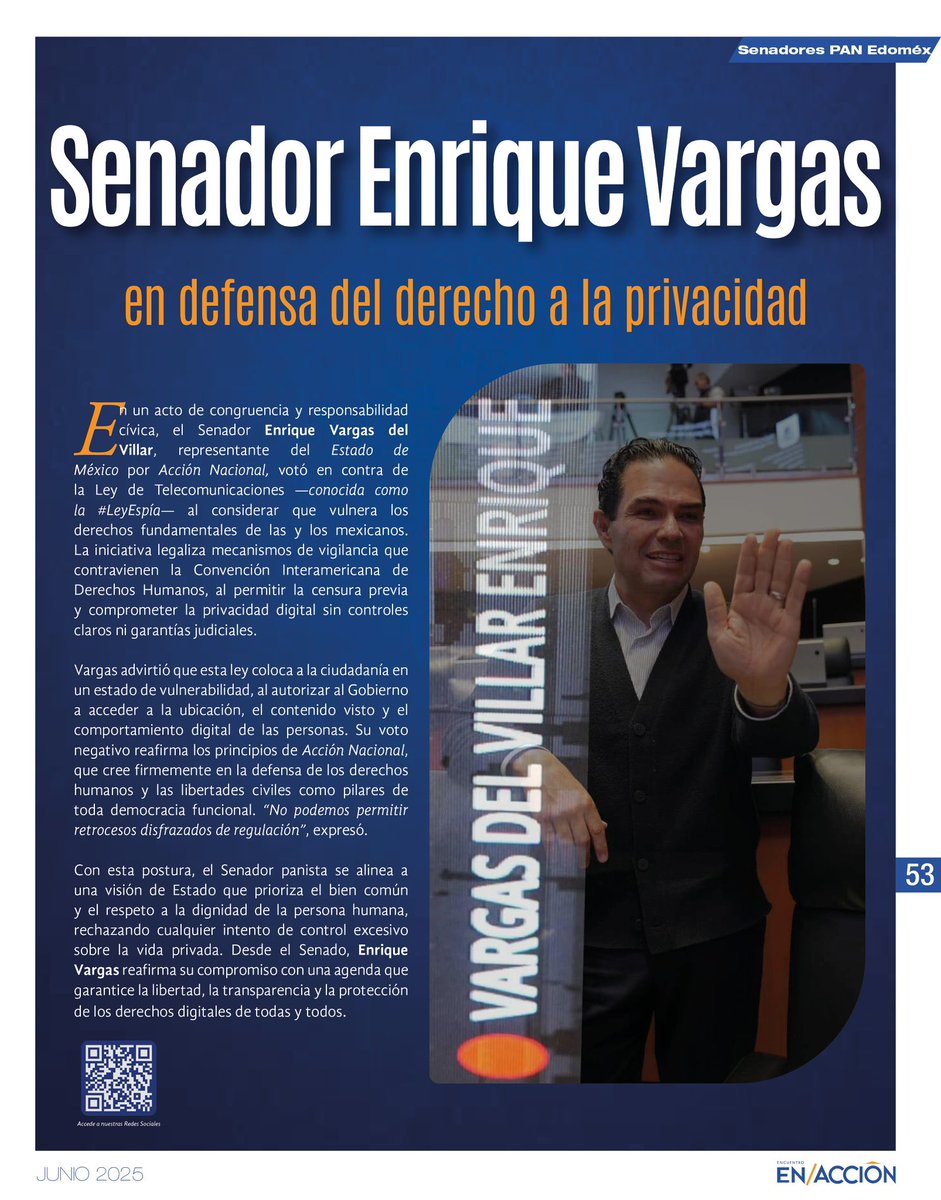 📍📵 El Senador <a href="/EnriqueVargasdV/">Enrique Vargas Del Villar</a> vota contra la #LeyEspía por vulnerar derechos fundamentales.

Su postura es congruente con los valores de <a href="/AccionNacional/">Acción Nacional</a>: bien común, dignidad humana y libertad digital.

🗣️ “No podemos permitir retrocesos disfrazados de regulación”. 🔵⚪️