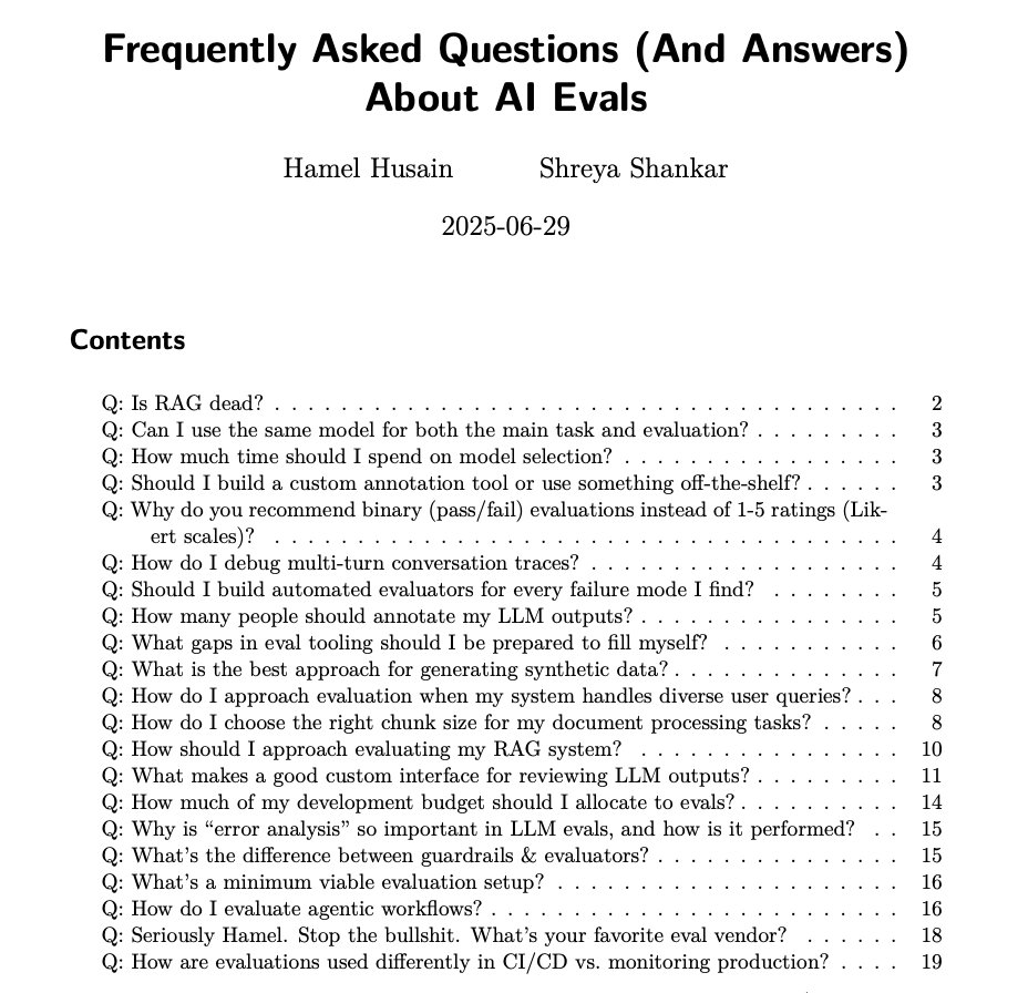 Hamel Husain (@hamelhusain) on Twitter photo The eval FAQs have been quite popular, so <a href="/sh_reya/">Shreya Shankar</a> and I have made them available as a pdf 📓
Bonus: there are quite a few in here that I haven't tweeted about yet!
dropbox.com/scl/fi/vkskh8b… The eval FAQs have been quite popular, so <a href="/sh_reya/">Shreya Shankar</a> and I have made them available as a pdf 📓
Bonus: there are quite a few in here that I haven't tweeted about yet!
dropbox.com/scl/fi/vkskh8b…