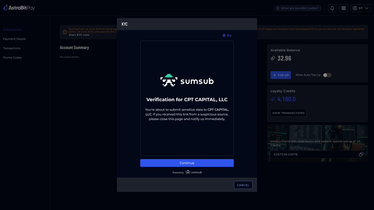 AstrabitTrading's tweet image. 🚨 AstraBit KYC rollout starts July 1.
Following the GENIUS Act, AstraBit will require KYC:
• July 1 for new users
• Sept 1 for everyone
If current users complete KYC early = 20 AstraBit credits added to your account as a “thank-you.”
1/5