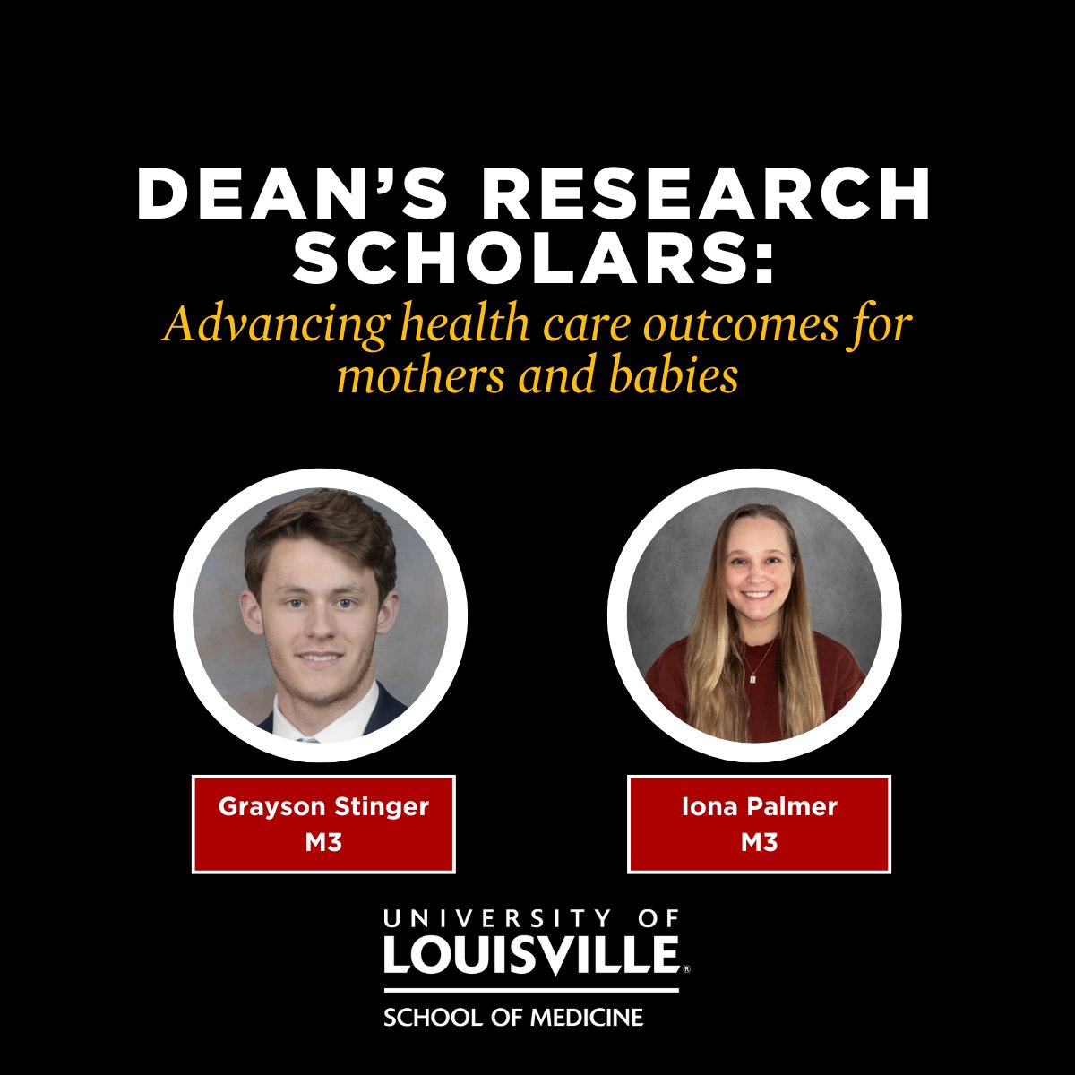 Student research = real impact.

ULSOM Dean’s Research Scholars are taking on maternal mortality and premature infant disease with bold new studies.

Meet Iona and Grayson, this year’s Scholars: ow.ly/y4Eh50WiiLF

#FutureDoctors #AcademicMedicine #FutureOfHealthcare