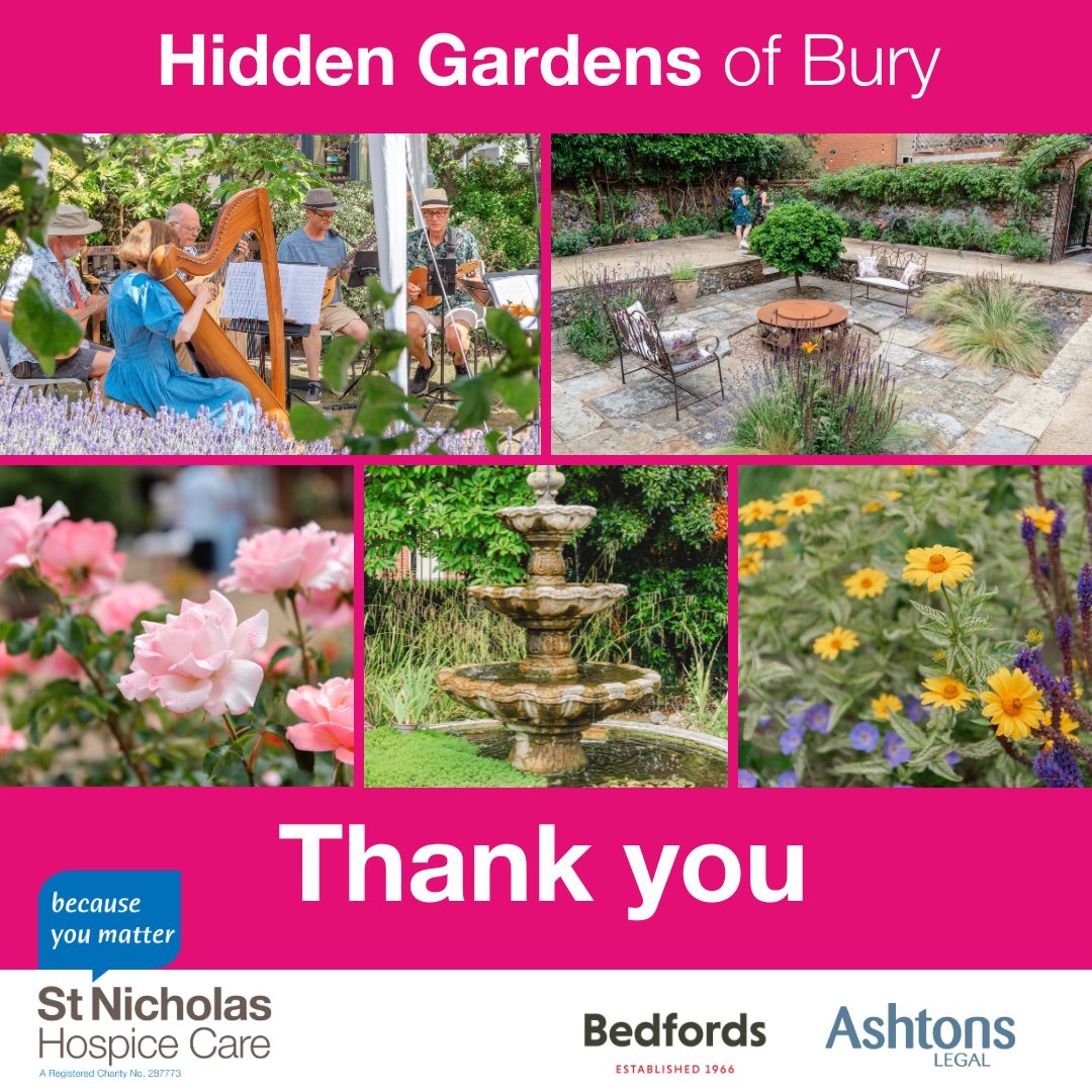 St Nicholas Hospice Care (@stnichhospice) on Twitter photo Thank you to everyone who joined us for the Hidden Gardens of Bury. The sun shone as hundreds explored green spaces tucked away across town. Huge thanks to the garden owners, volunteers, musicians, <a href="/Bedfords1966/">Bedfords Estate Agents</a> and <a href="/AshtonsLegal/">Ashtons Legal LLP</a> for helping make the day so special. Thank you to everyone who joined us for the Hidden Gardens of Bury. The sun shone as hundreds explored green spaces tucked away across town. Huge thanks to the garden owners, volunteers, musicians, <a href="/Bedfords1966/">Bedfords Estate Agents</a> and <a href="/AshtonsLegal/">Ashtons Legal LLP</a> for helping make the day so special.