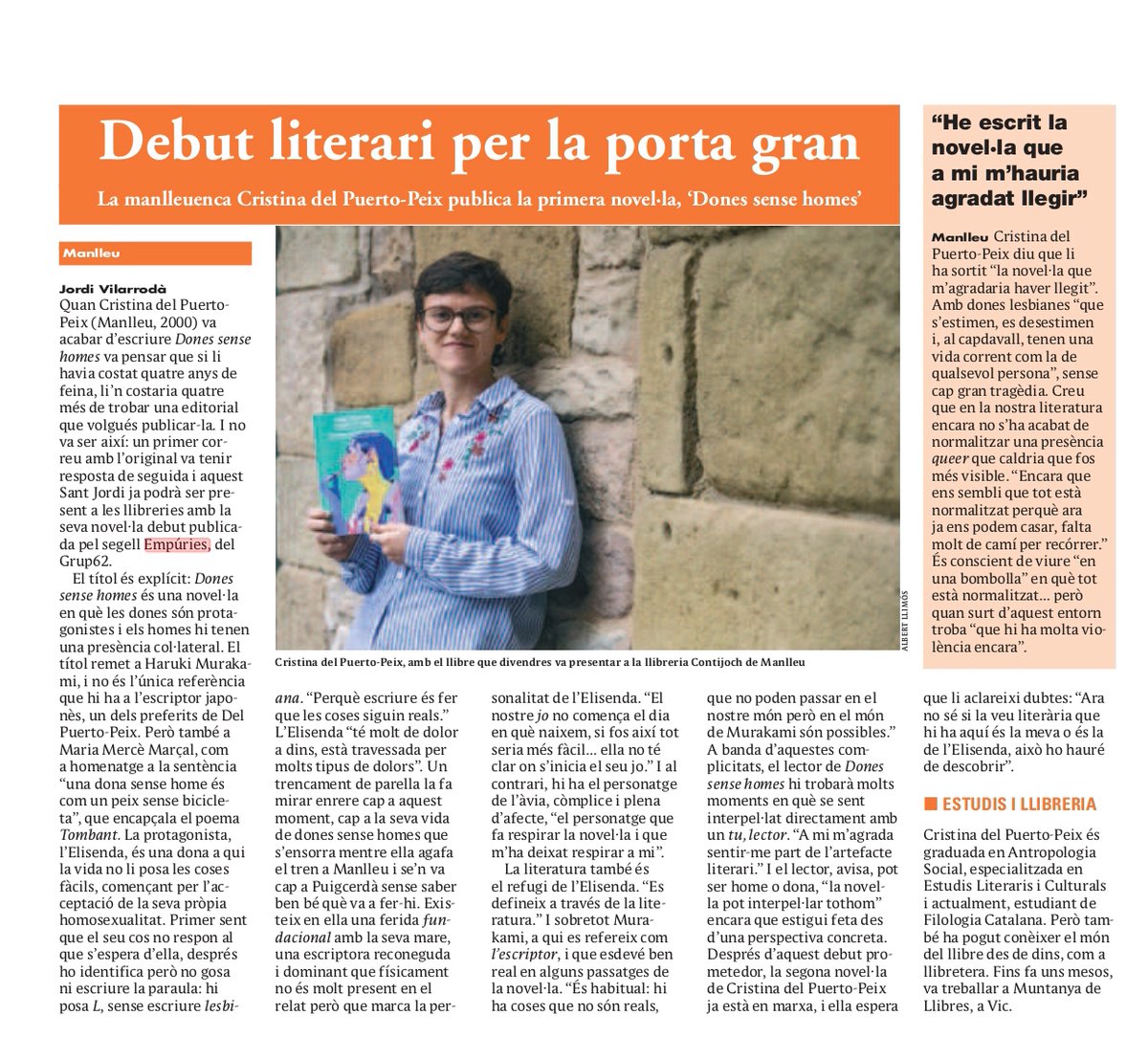 💔«Ara no sé si la veu literària que hi ha aquí és la meva o és la de l’Elisenda, això ho hauré de descobrir.»

🗞 Al <a href="/el9nou/">El 9 Nou</a> recullen les declaracions de la Cristina del Puerto-Peix, autora del llibre 'Dones sense homes'.
