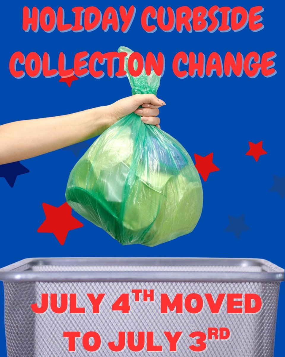 📣 Trash Pickup Alert for July 4th 🇺🇸

🗑️ Friday 7/4 curbside trash will be picked up Thursday 7/3
🌿 No yard waste on 7/3 or 7/4
🏗️ Transfer Station: Closed Fri 7/4, Open Sat 7/5 (regular hours)
Thanks for your cooperation &amp; have a safe 4th! 🎆