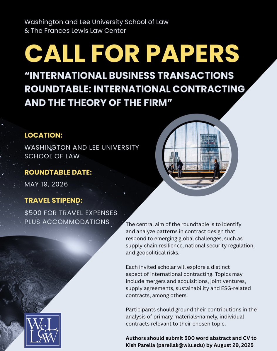 Kish Parella (@kish_parella) on Twitter photo 1/ Do you love contracts? What about international business? Do you often ponder the boundaries of the firm?
If yes, then join us next May at <a href="/wlulaw/">W&L Law School</a> for an entire roundtable devoted to these
topics.
Details below! 1/ Do you love contracts? What about international business? Do you often ponder the boundaries of the firm?
If yes, then join us next May at <a href="/wlulaw/">W&L Law School</a> for an entire roundtable devoted to these
topics.
Details below!