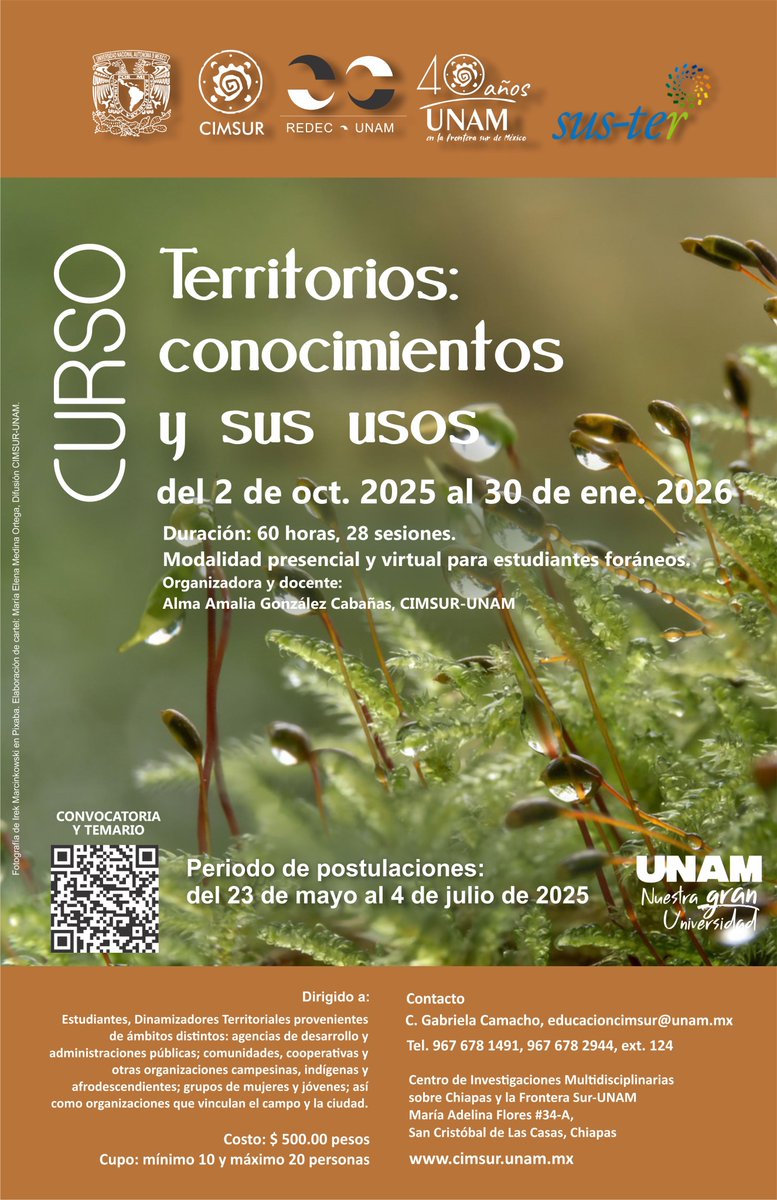 Apresúrense!!!!!, esta semana cierra el registro para quienes están interesados en el Curso "Territorios: conocimientos y sus usos"
Aquí les dejamos la convocatoria cimsur.unam.mx/.../2025/activ…