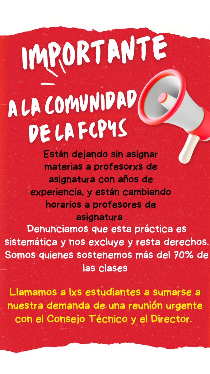 🔊🔊Los profesorxs tenemos nuestros pensamientos claros y decisivos, damos más del 70% de las clases pero menos derechos.
📣 Estudiantes: los llamamos a exigir juntxs soluciones y que profesores de asignatura con amplia experiencia no se queden sin grupo.