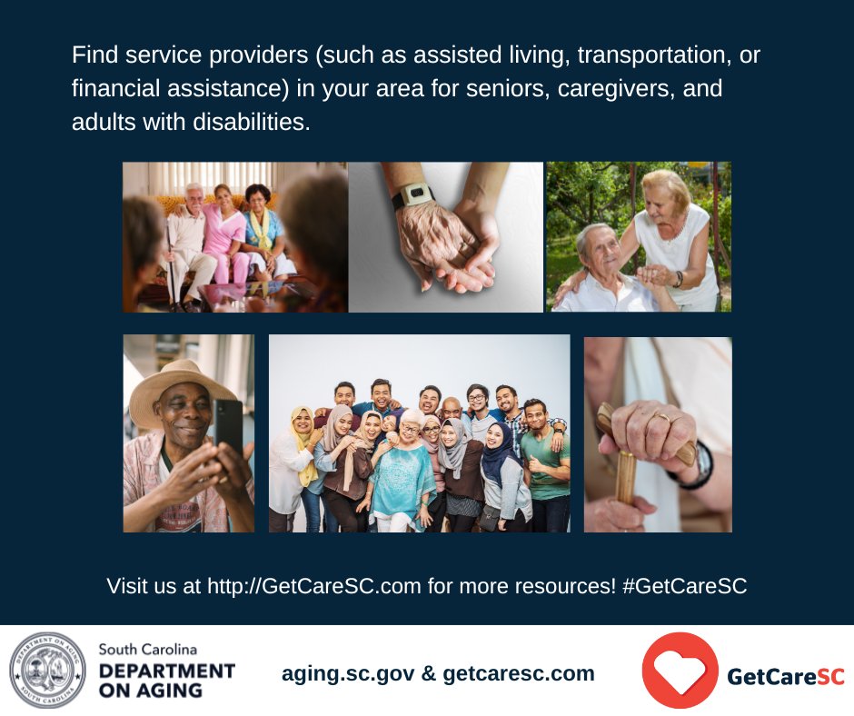 AgingSC's tweet image. We work with a network of regional and local organizations to develop and manage services that help seniors remain independent in their homes and in their communities.
Learn more at aging.sc.gov or call 1-800-868-9095 or 803-734-9900