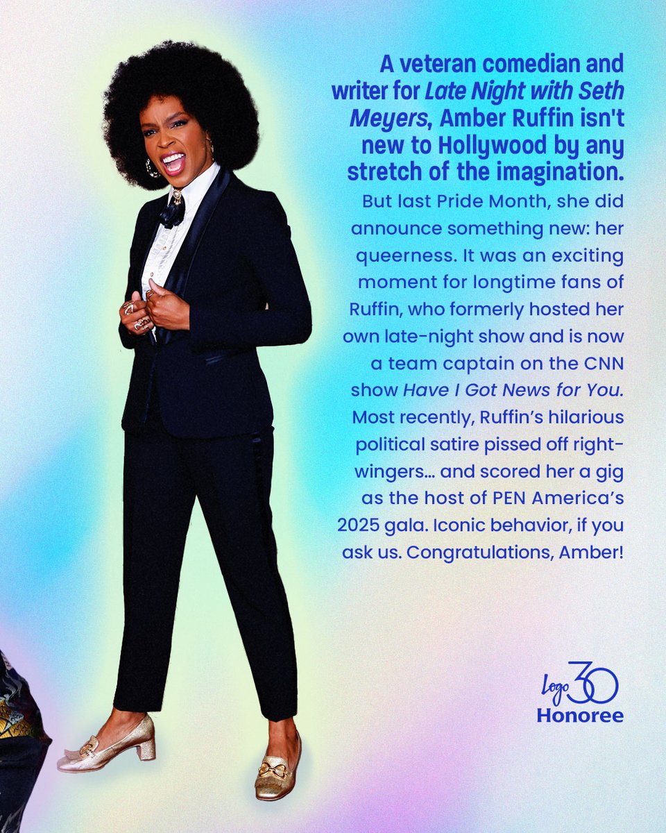 LogoTV's tweet image. Just as Pride is a time to march, it's a time to laugh and celebrate. @ambermruffin always brings that energy โ and it's why she's a 2025 #Logo30 honoree! ๐โโ๏ธ
