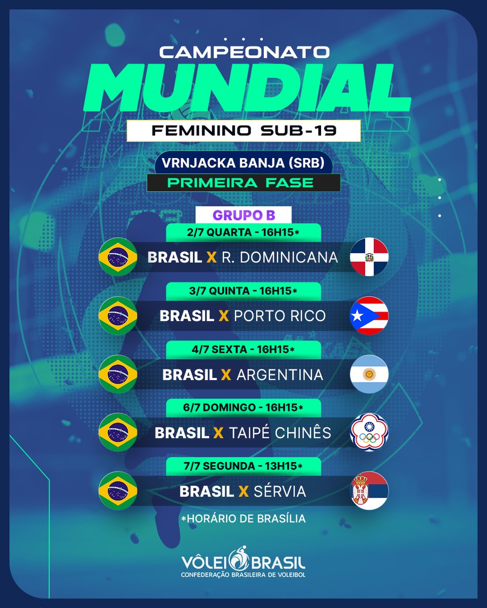 Pelo quarto título!

A seleção feminina sub-19 vai para Sérvia disputar o Campeonato Mundial da categoria.
O técnico Maurício Thomas comanda a equipe que está no grupo B e estreia nesta quarta, contra a República Dominicana.

Anota as datas para não perder nada!

📺: VBW TV