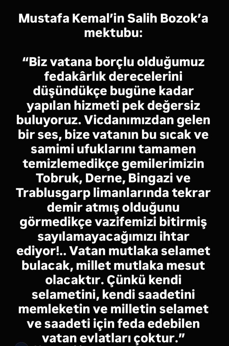 Gazi Mustafa Kemal Atatürk’ün, Salih Bozok’a mektubu 

👇