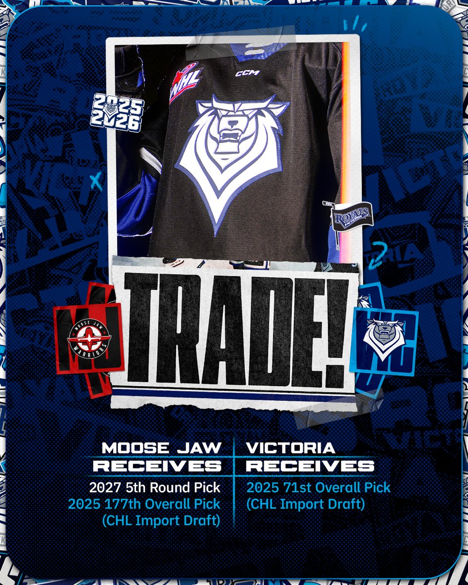 TRADE: The Victoria Royals have received a 2nd Round Selection (71st overall) in the 2025 CHL Import Draft from the Moose Jaw Warriors in exchange for a 3rd Round Selection (177th overall) in the CHL Import Draft and a 2027 5th Round Pick in the WHL Prospects Draft.